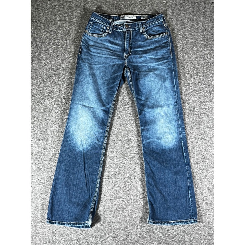 BKE Tyler Mens Bootcut Jeans Medium Wash Faded Distressed 32x31 Thick Stitch